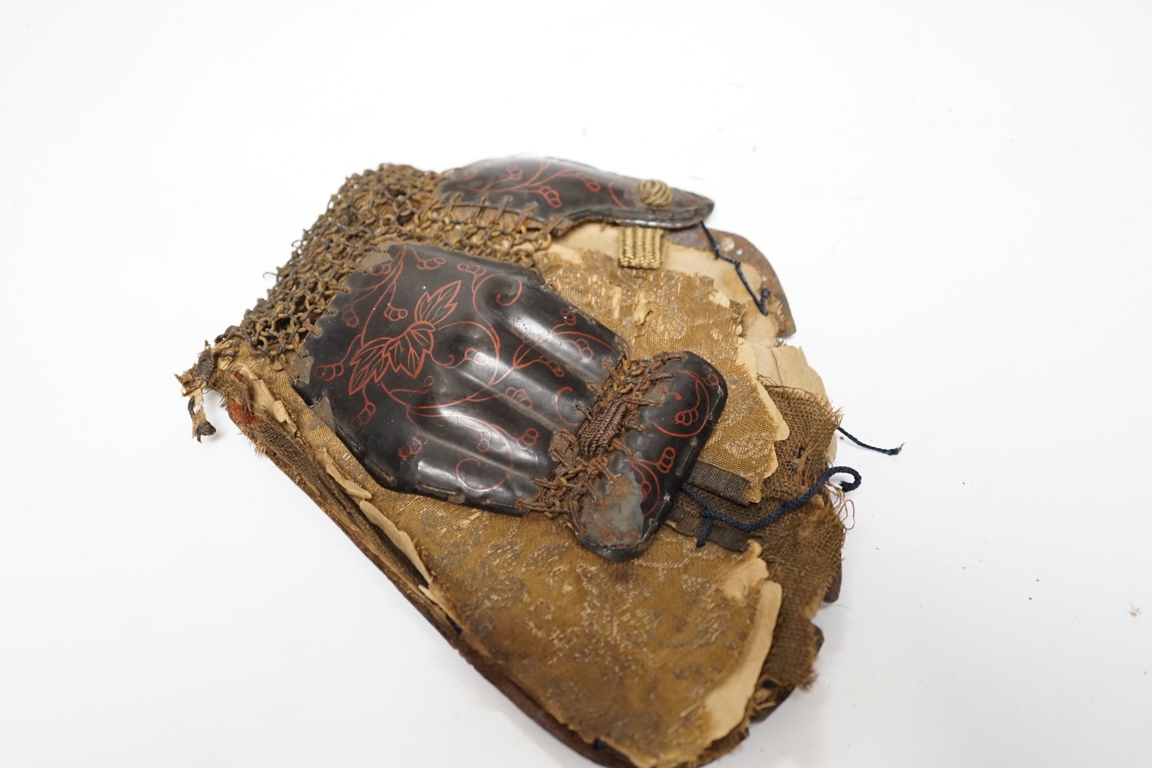 A Chinese cloisonné enamel censer and cover, a tea box containing four tea tins, and a Japanese lacquer and chain mail gauntlet/glove front, censor 18cm high
